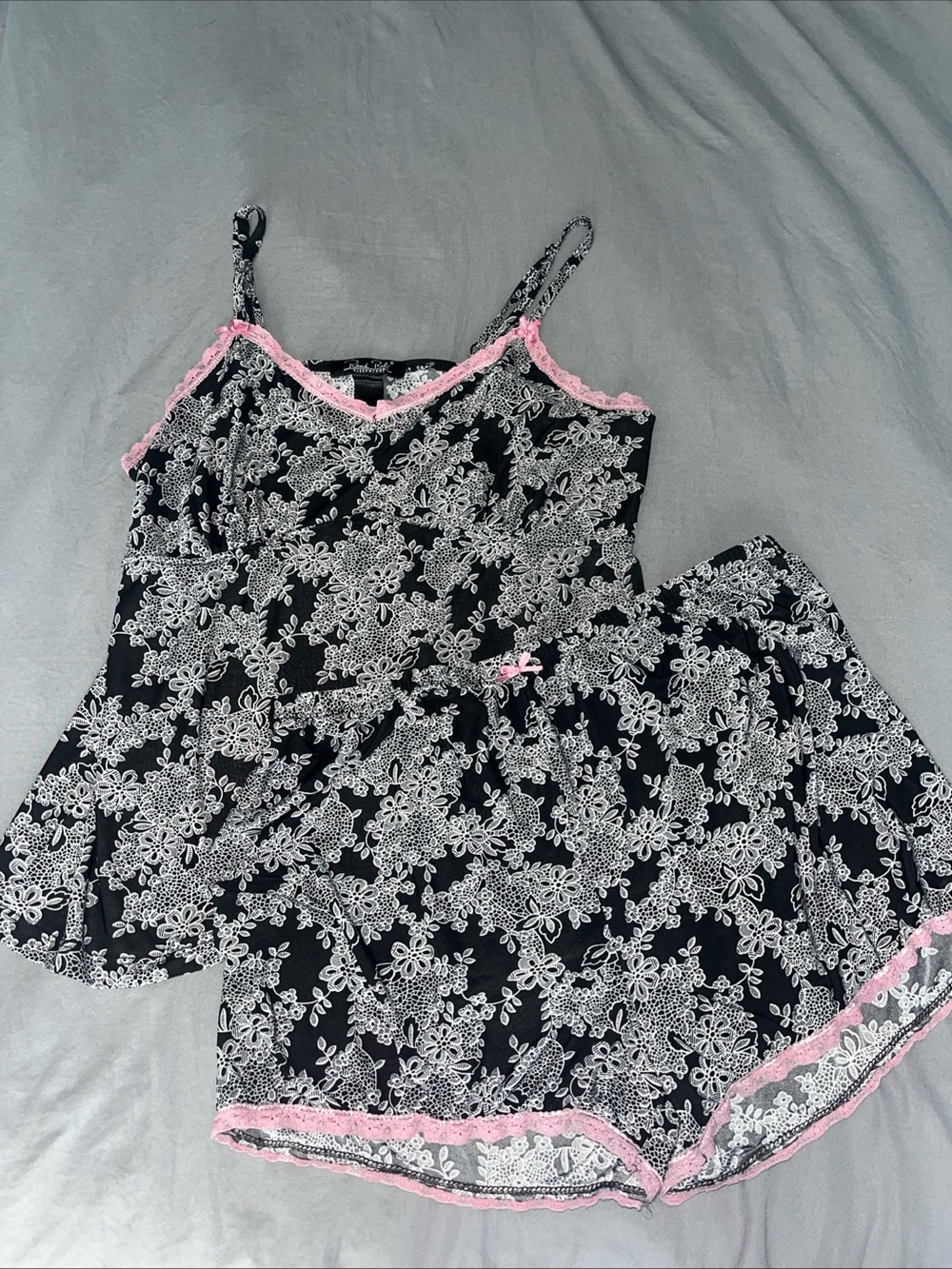 Rene Rofe Black Floral Lace-Trim Cami & Shorts Set with Pink Accents